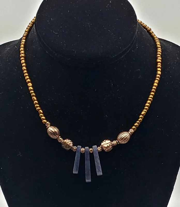 Trendy Layered Necklace For Fashionistas-Vintage Copper Bead Necklace with Blue Aventurine Drops - 16"