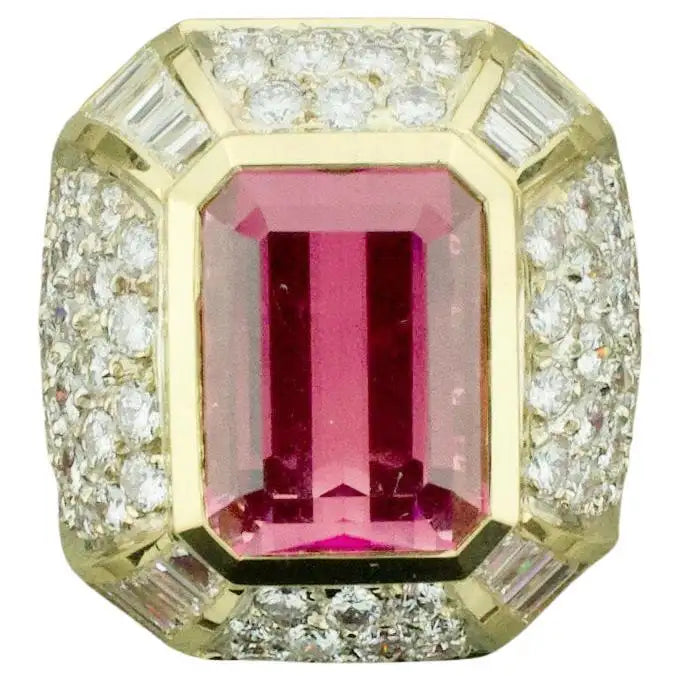 Luxury Diamond Rings For Engagement Day-Huge Diamond and Pink Tourmaline Ring in 18k