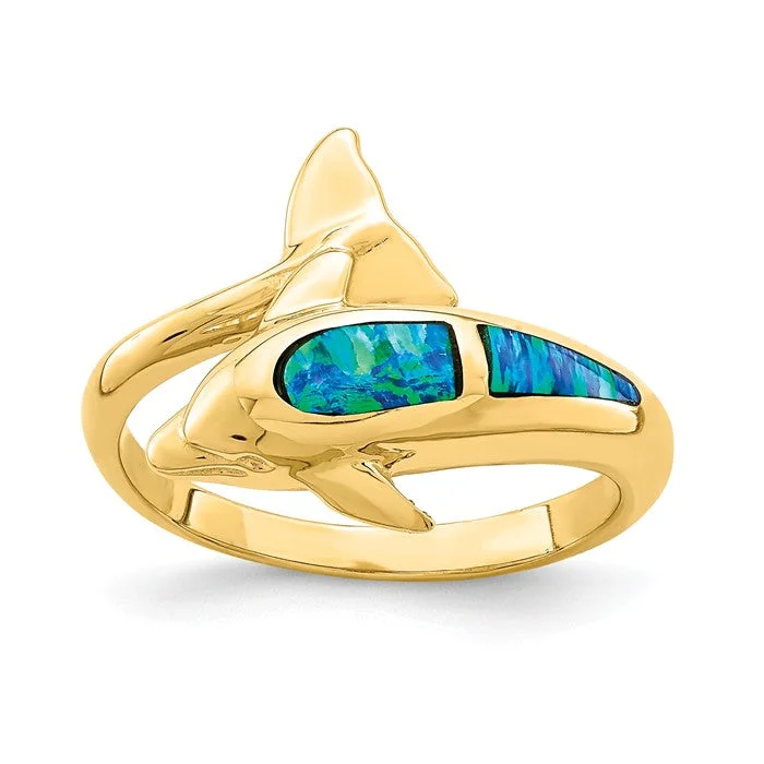 Custom Gemstone Engagement Rings For Her-14k Yellow Gold Blue Created Opal Dolphin Wrap Ring