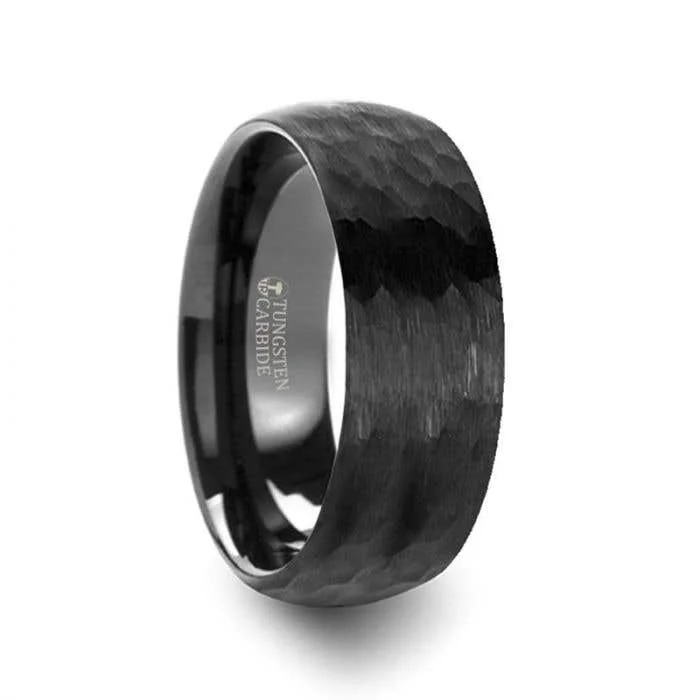 Sparkling Engagement Rings With Diamond Details-Thorsten RENEGADE Domed Hammer Finish Black Tungsten Carbide Wedding Band with Brushed Finish - 6mm or 8mm