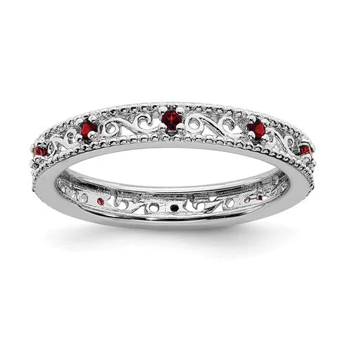 Trendy Silver Rings For Modern Brides-Sterling Silver Stackable Expressions Garnet Filigree Ring