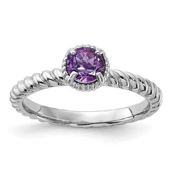 Elegant Custom Rings For Special Occasions-Sterling Silver Stackable Expressions Amethyst Round Ring