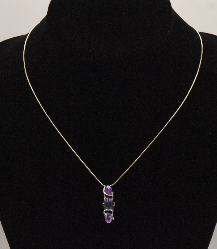 Long Silver Pendant Necklace For Casual Outfits-Bluish Purple Cut Glass Sterling Silver Pendant on Sterling Silver Italian Snake Link Chain Necklace - 16.5"