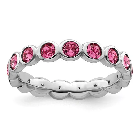 Elegant Custom Rings For Special Occasions-Sterling Silver Stackable Expressions October Pink Swarovski Eternity Ring