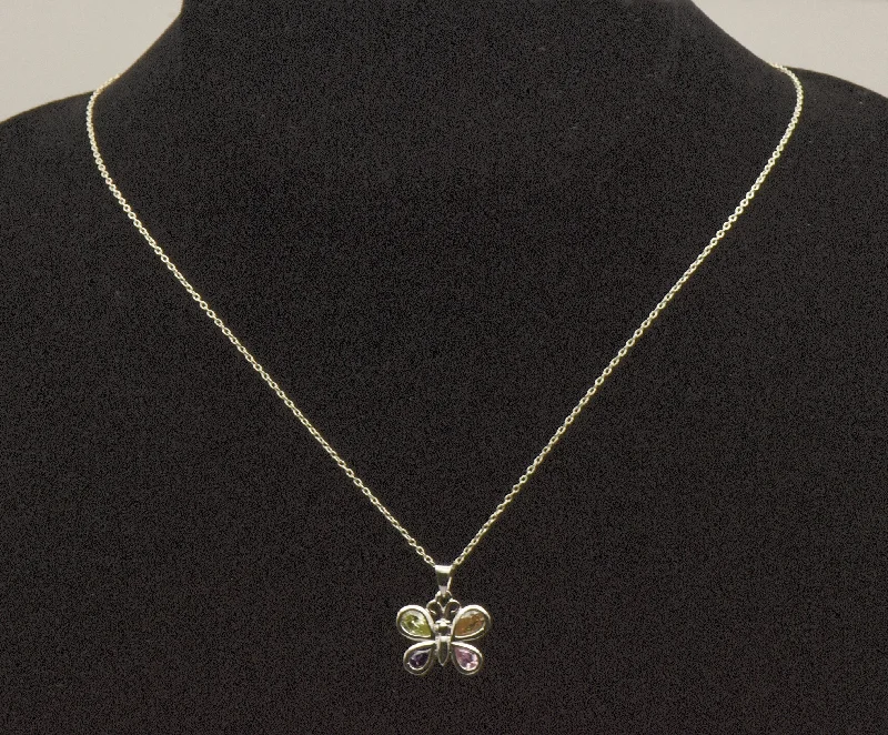 Personalized Gold Necklace For Bridesmaids-Vintage Sterling Silver Multi-Color Crystal Butterfly Pendant on Sterling Silver Chain Necklace - 16"