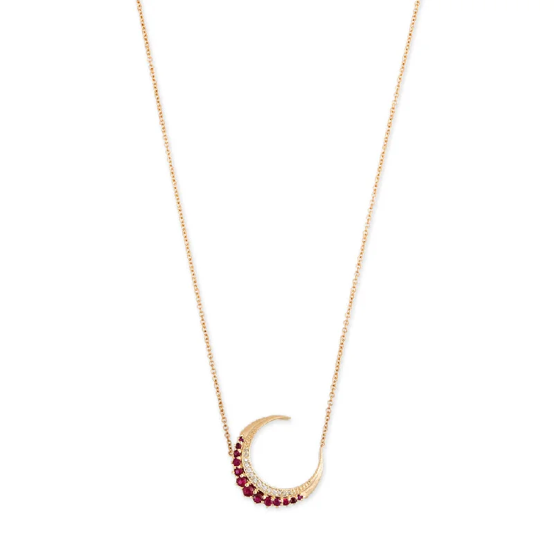 Dainty Gold Pendant Necklace For Elegant Style-MINI RUBY CRESCENT MOON NECKLACE