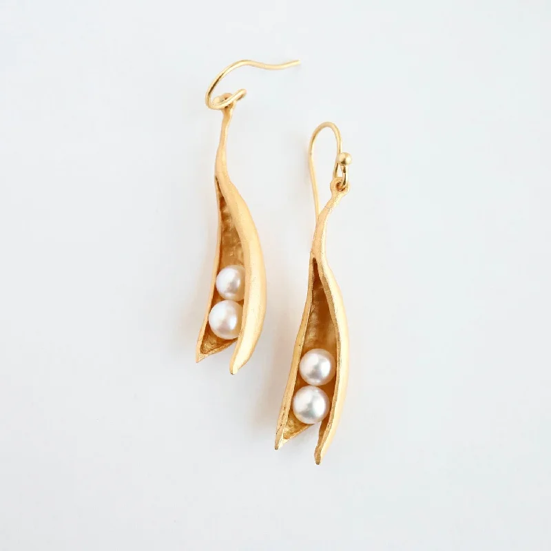 Luxury Silver Earrings For Special Events-Pea Pod Two Pearl Earrings in Gold