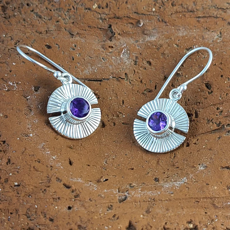 Personalized Name Earrings For Special Occasions-Silver Sunburst Earrings with Amethyst