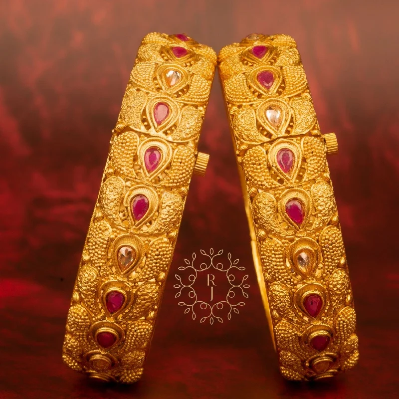 Classic Wedding Bangles With Gemstones For Brides-Raddhi Jewels Designer Premium Quality Rajwadi Gold Plated Brass Openable Kada/Bangles Set