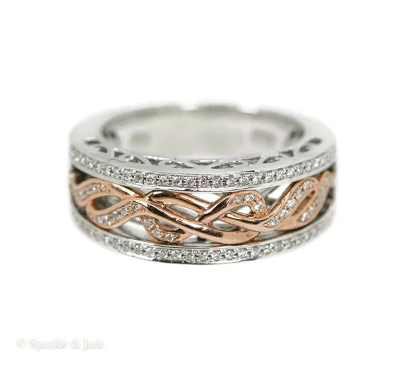 Trendy Custom Engagement Rings With Gemstones-14K White Gold & Rose Gold Diamond Infinity Wide Filigree Wedding Band