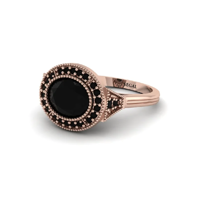 Classic Rose Gold Wedding Bands For Bridesmaids-Oval Cut Black Diamond Milgrain Halo Engagement Ring - Alexandria No. 38