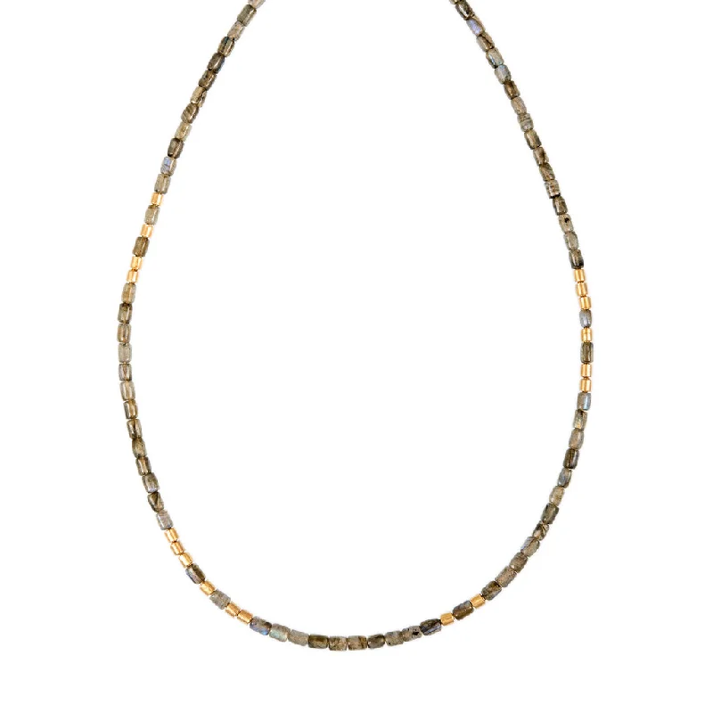 Elegant Emerald Necklace For Wedding Day-18 GOLD BEADS + LABRADORITE TUBE BEADED NECKLACE