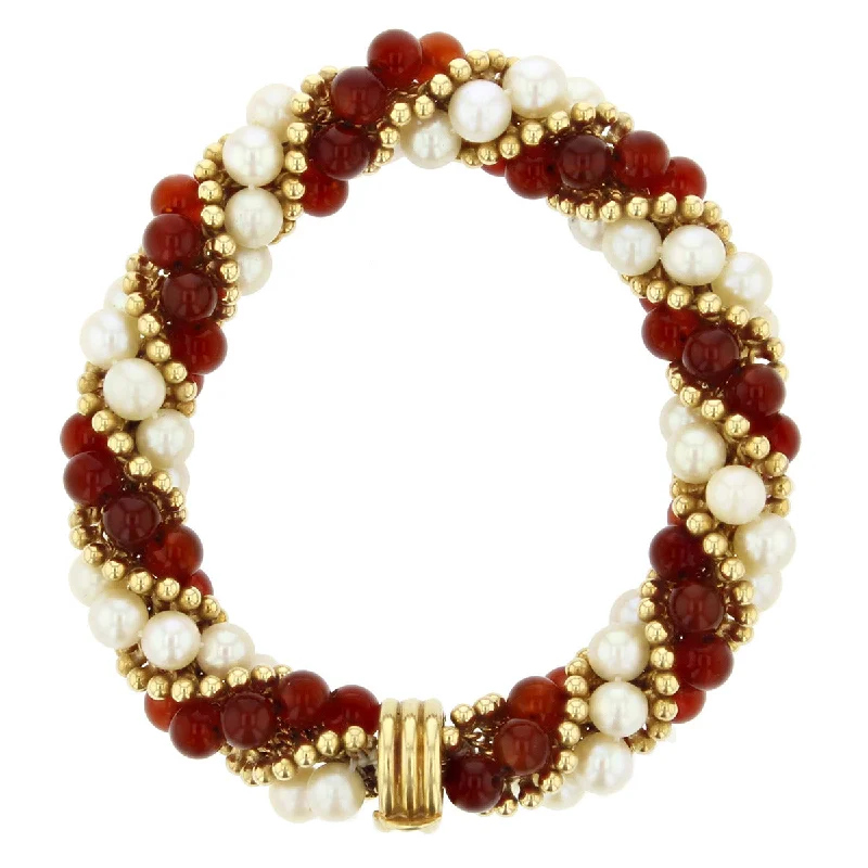 Simple Wire Bracelets-18K Gold Carnelian and Pearl Twisted Bracelet