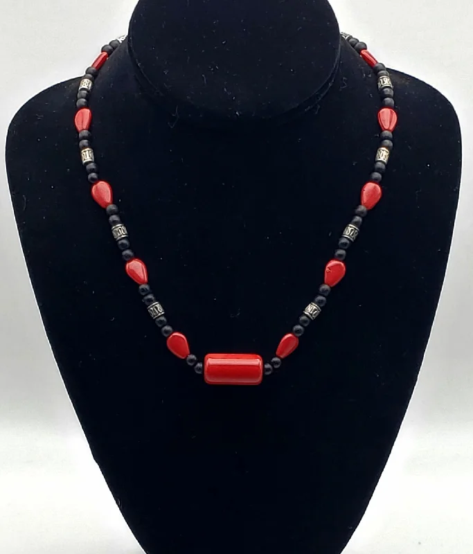 Simple Pendant Necklace For Everyday Use-Vintage Red Glass, Black Wood, and Silver Tone Metal Bead Necklace - 18.25"