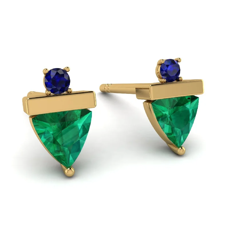 Personalized Gold Hoop Earrings-Triangle Emerald Earrings With Round Stone - Estella No. 64