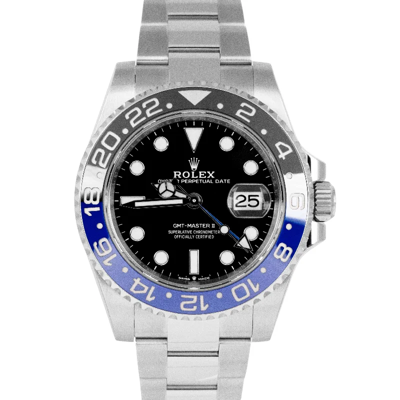 Affordable Watches With Simple Designs-MINT NEW PAPERS Rolex GMT-Master II Blue BATMAN Oyster 40mm 126710 BLNR BOX