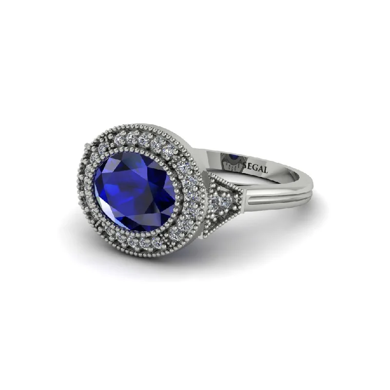 Handmade Diamond Rings For Bridal Jewelry-Oval Cut Sapphire Milgrain Halo Engagement Ring - Alexandria No. 15