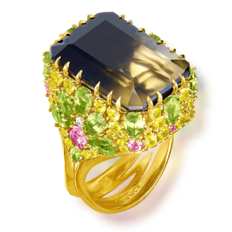 Classic Engagement Rings For Timeless Weddings-Gold Blossom Ring with Quartz, Peridot & Sapphire