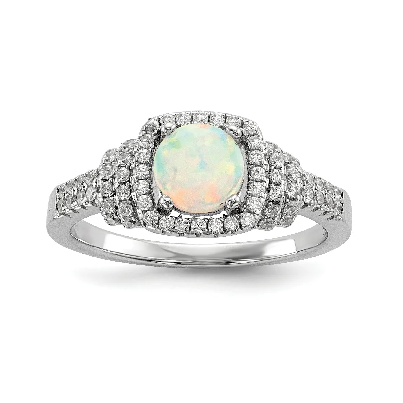 Classic Wedding Rings For Timeless Look-Sterling Silver Round Created White Opal and CZ Halo Ring