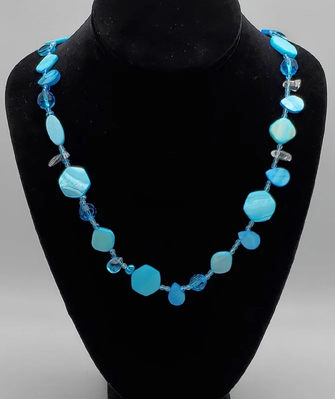 Unique Statement Necklace For Evening Wear-Dyed Blue Mother-of-Pearl and Beaded Necklace - 30"