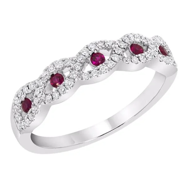 Sparkling Gemstone Wedding Rings For Couples-14k White Gold Ruby & Diamond Infinity Twist Anniversary Band