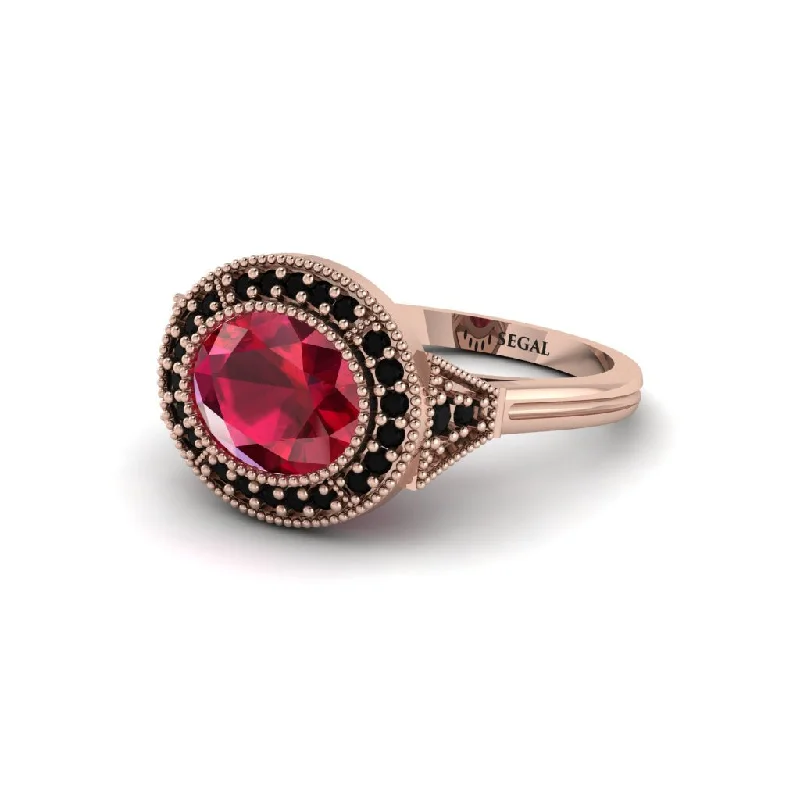 Sparkling Custom Wedding Rings For Bridesmaids-Oval Cut Ruby Milgrain Halo Engagement Ring - Alexandria No. 41