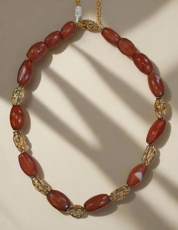 Boho Beaded Necklace For Summer Style-Necklace with old Carnelian and gold 18k elements