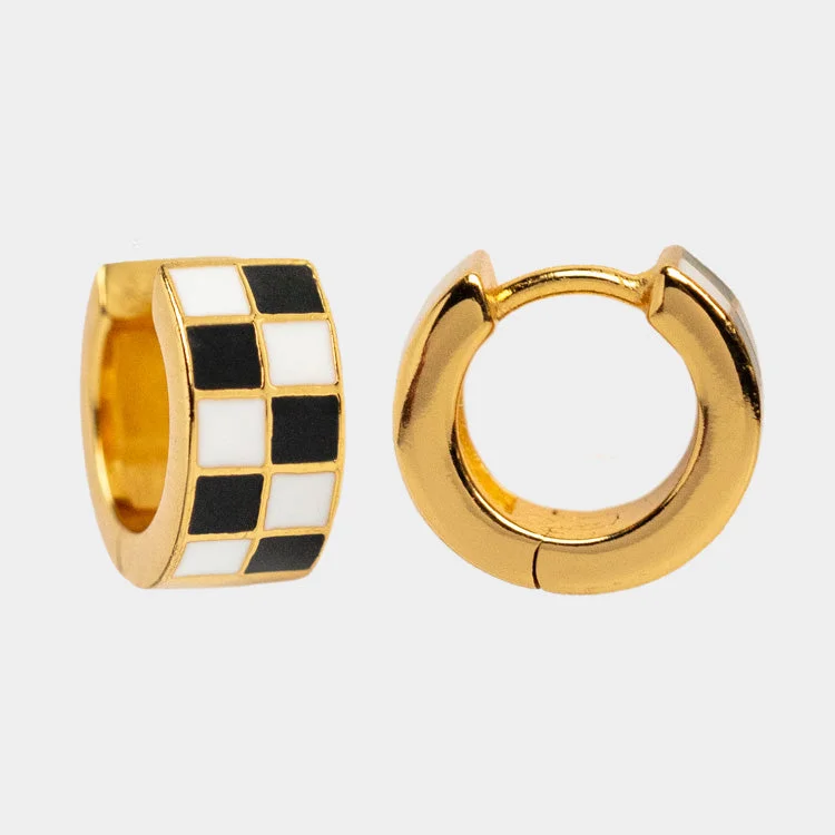 Gold Earrings For Bridesmaid Gifts-Checkered Huggie Earrings