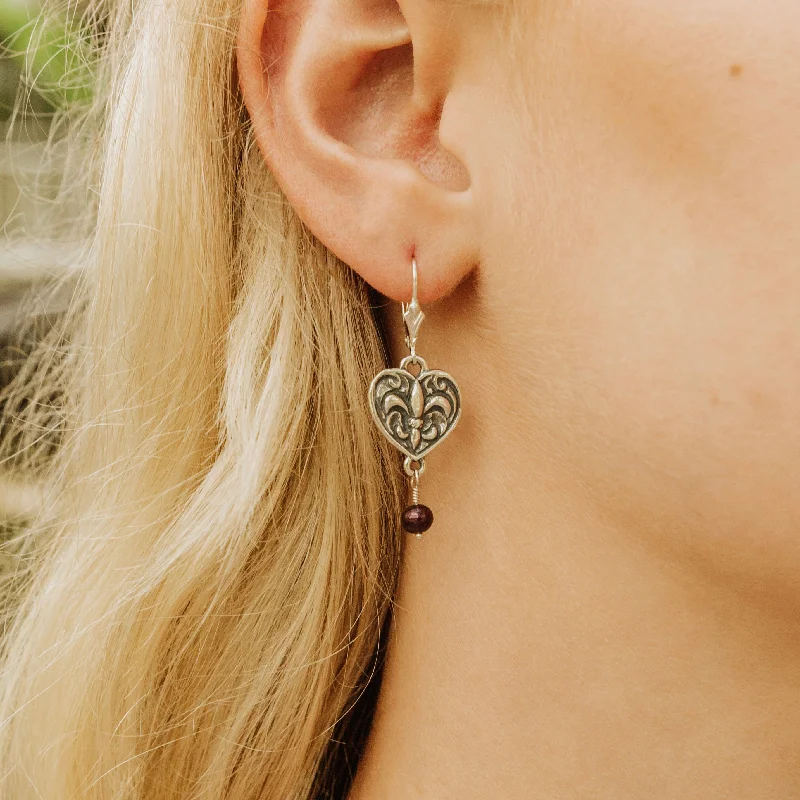 Chic Silver Earrings For Casual Outfits-Fleur de Lis Heart Pearl Earrings