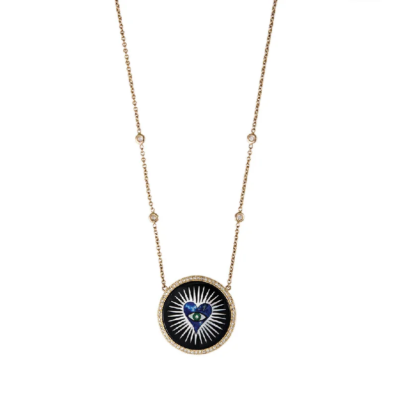 Custom Family Necklace For Bridesmaids Gifts-SMALL PAVE ROUND ONYX INLAY LAPIS HEART BURST NECKLACE