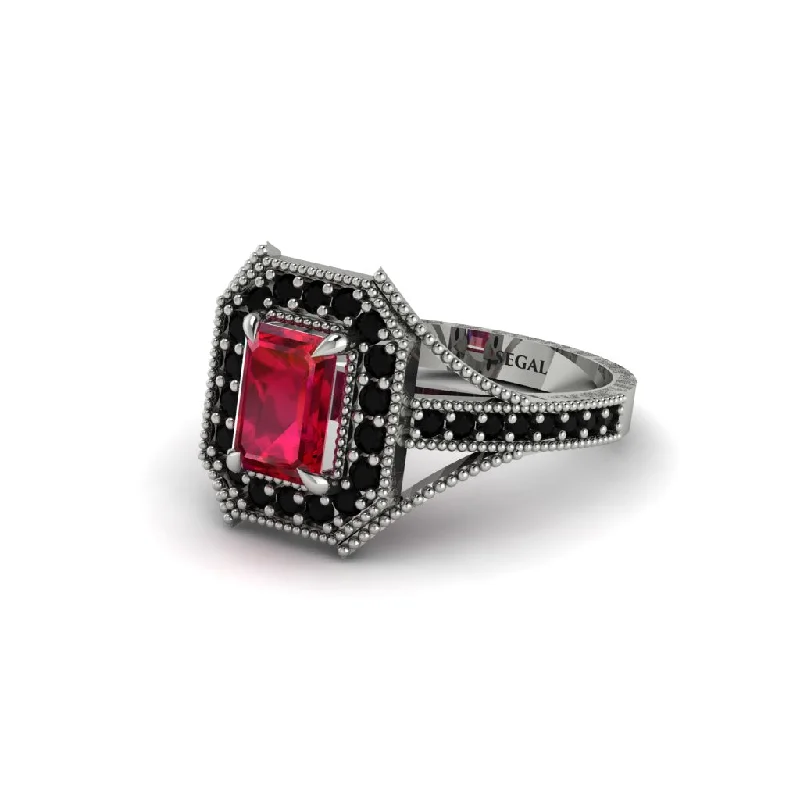 Trendy Gemstone Rings For Special Gifts-Emerald Cut Black Diamond Milgrain Halo Engagement Ring - Xanthe No. 42