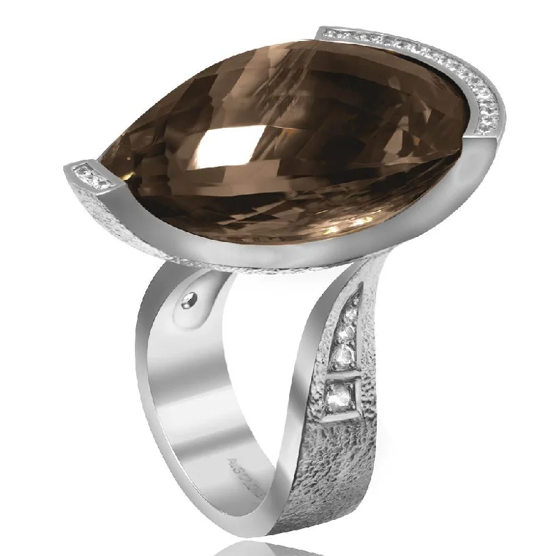 Custom Wedding Rings For Elegant Grooms-Gold Swan Ring with Smoky Quartz & Diamonds