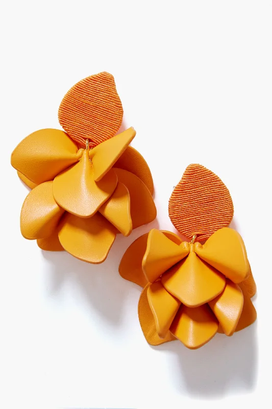 Crystal Drop Earrings For Party Wear-Tangerine Silk and Leather Orchid Earrings