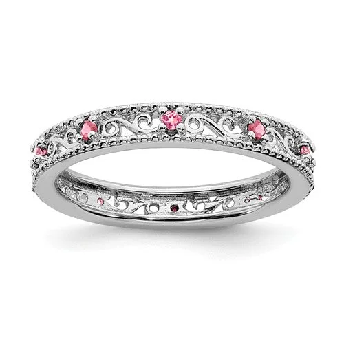 Unique Gemstone Wedding Bands For Grooms-Sterling Silver Stackable Expressions Created Pink Sapphire Filigree Ring