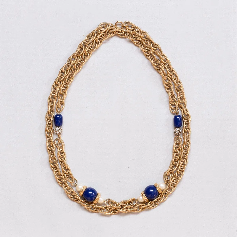 Statement Necklace With Gemstones For Fashion-Vintage Givenchy Long Gold Chain Necklace with Faux Pearls and Blue Beads