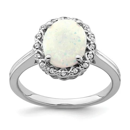 Trendy Gemstone Rings For Special Gifts-14k White Gold 10x8mm Oval Created Opal And Diamond Halo Ring