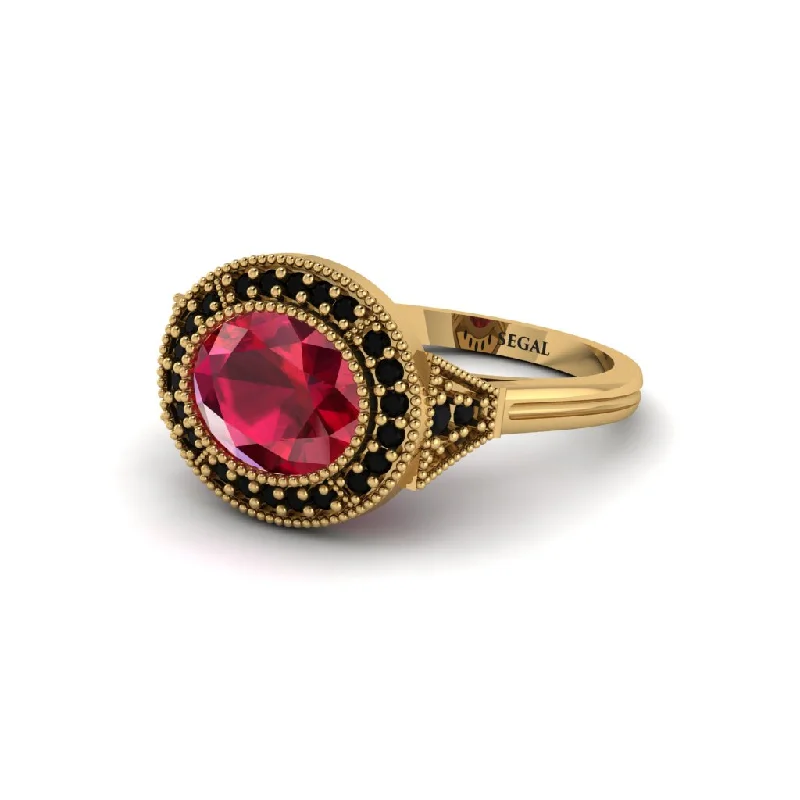 Custom Gold Rings For Engagement Gifts-Oval Cut Ruby Milgrain Halo Engagement Ring - Alexandria No. 40