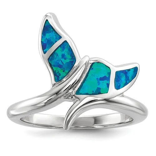 Custom Gemstone Wedding Bands For Her-Sterling Silver Blue Inlay Created Opal Whale Tail Ring