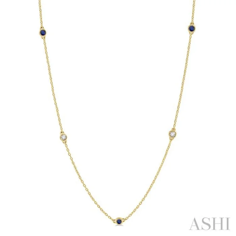 Unique Statement Necklace For Evening Wear-3/8 ctw Round Cut Diamond and 2.6MM Sapphire Precious Station Necklace in 14K Yellow Gold