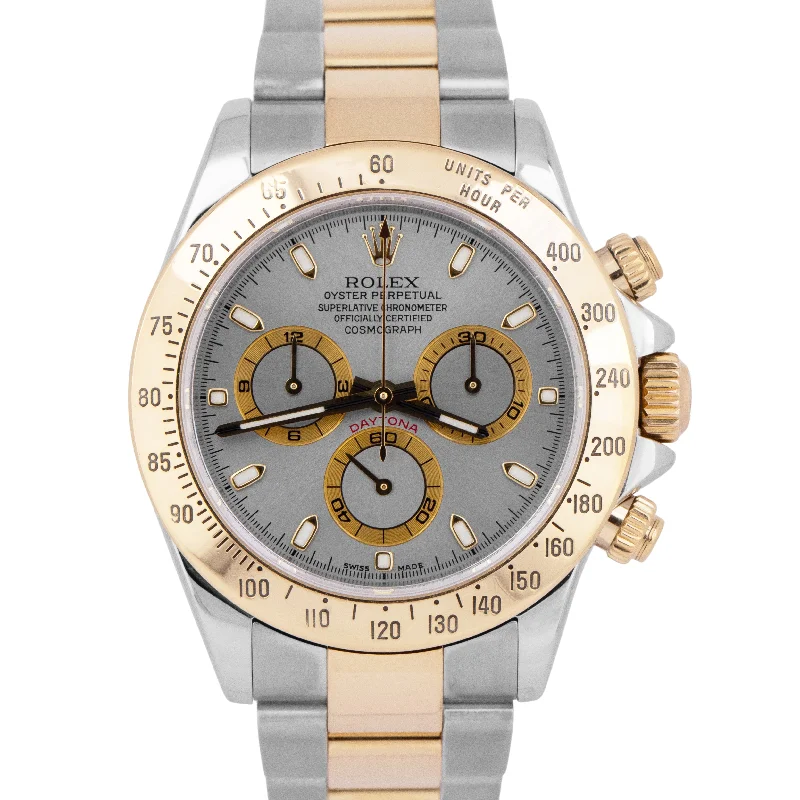 Vintage Watches For Men With Leather Bands-Rolex Daytona Cosmograph SLATE Rhodium 18K Yellow Gold Stainless Watch 116523