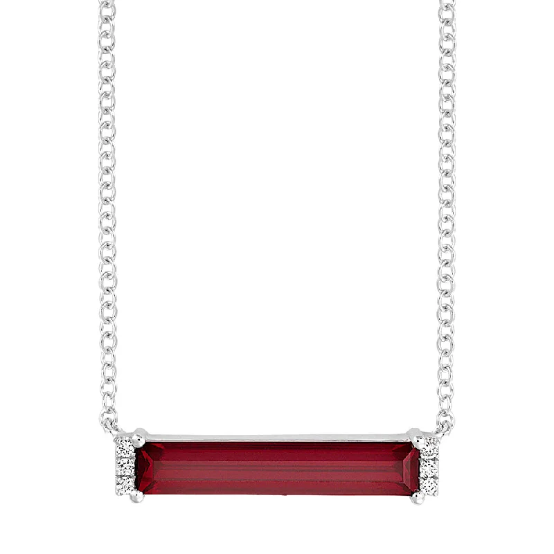 Simple Bar Necklace For Casual Fashion-14K white gold bar necklace featuring an elongated baguette Chatham lab grown ruby with Chatham lab grown diamond accents.