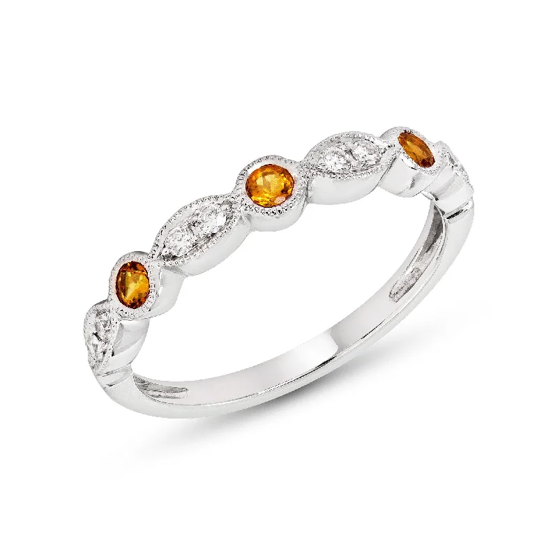 Elegant Wedding Bands With Colored Gemstones-14k White or Yellow Gold Citrine & Diamond Anniversary Band