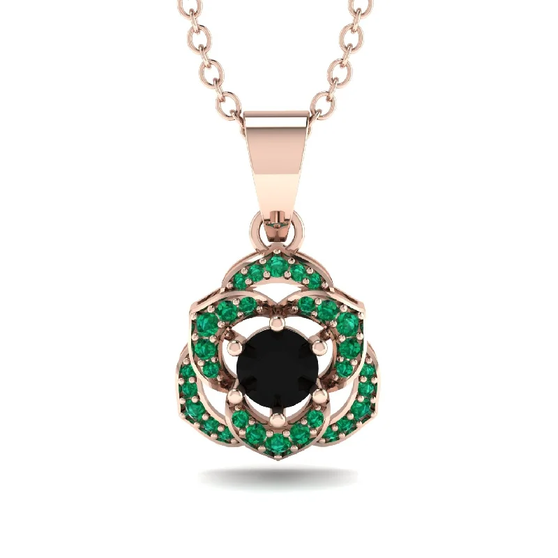 Long Gold Necklace For Boho Style-Golden Rose Blossom Necklace With Exquisite Emerald Detailing - Reign No. 23