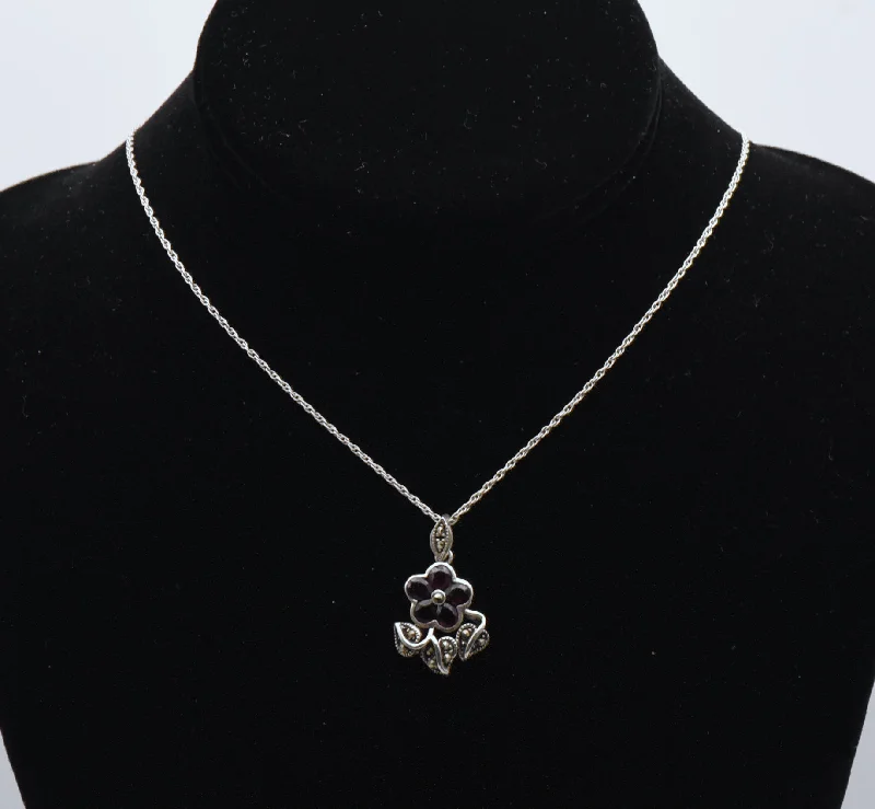 Trendy Chain Necklace For Casual Style-Vintage Red Garnet and Marcasite Sterling Silver Flower Pendant Necklace - 19.5"