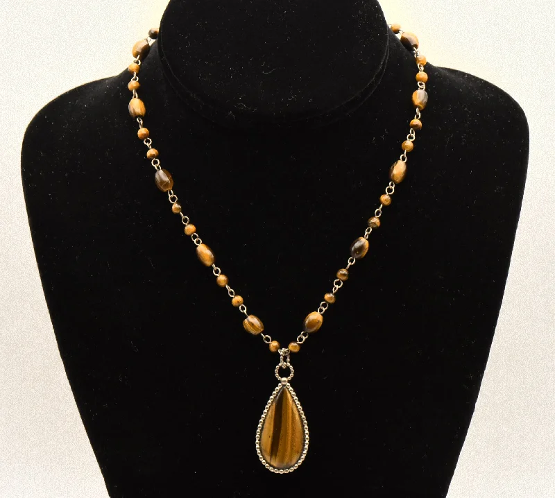 Elegant Gold Bar Necklace For Special Occasions-Vintage Tiger's Eye Pendant on Tiger's Eye Bead Station Necklace