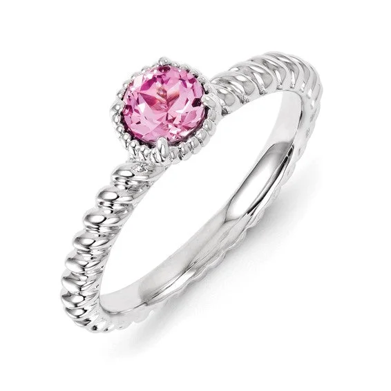 Custom Wedding Bands With Engraved Names-Sterling Silver Stackable Expressions Pink Sapphire Round Ring