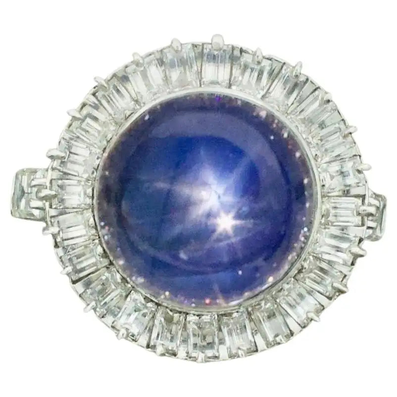 Handmade Gemstone Rings For Unique Gifts-Blue Star Sapphire and Diamond Ring in Platinum circa 1950's