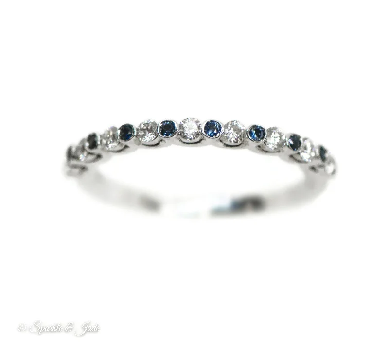 Personalized Couples Rings For Special Gifts-14k White Gold Bezel Set Blue Sapphire & Diamond Anniversary Band