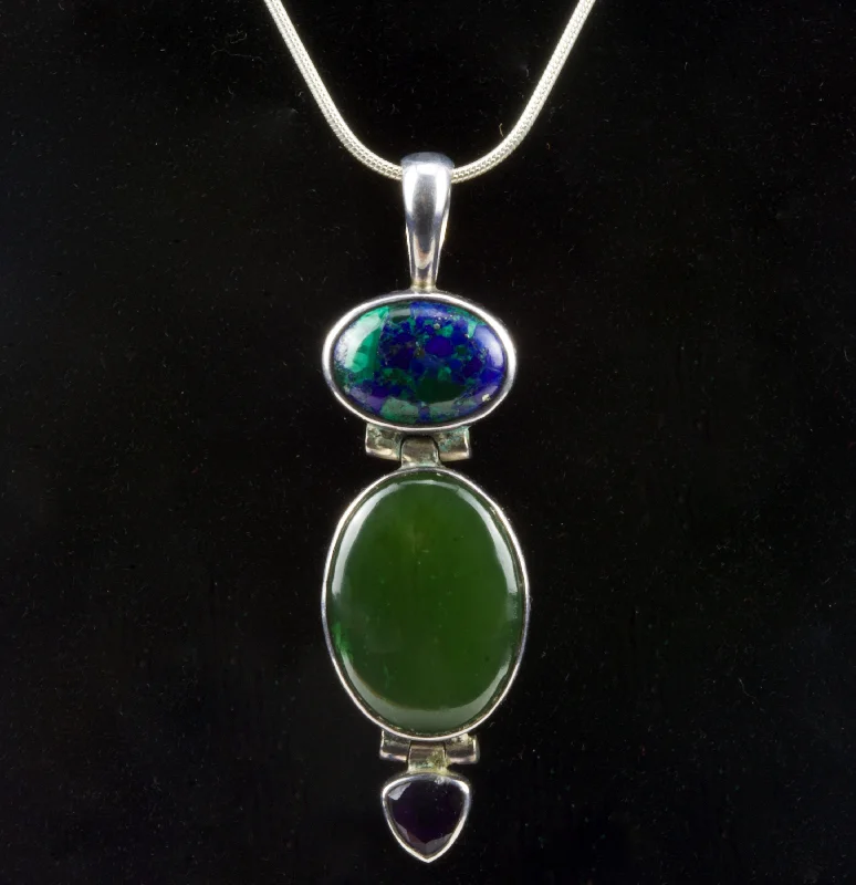 Boho Tassel Necklace For Unique Style-Beautiful Azurite/Malachite, Nephrite Jade, and Amethyst Sterling Pendant on Sterling Silver Chain