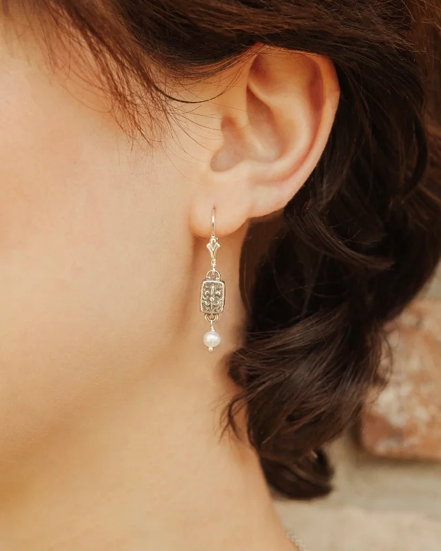 Large Statement Earrings For Weddings-Fleur de Lis Brick Mini Pearl Earrings